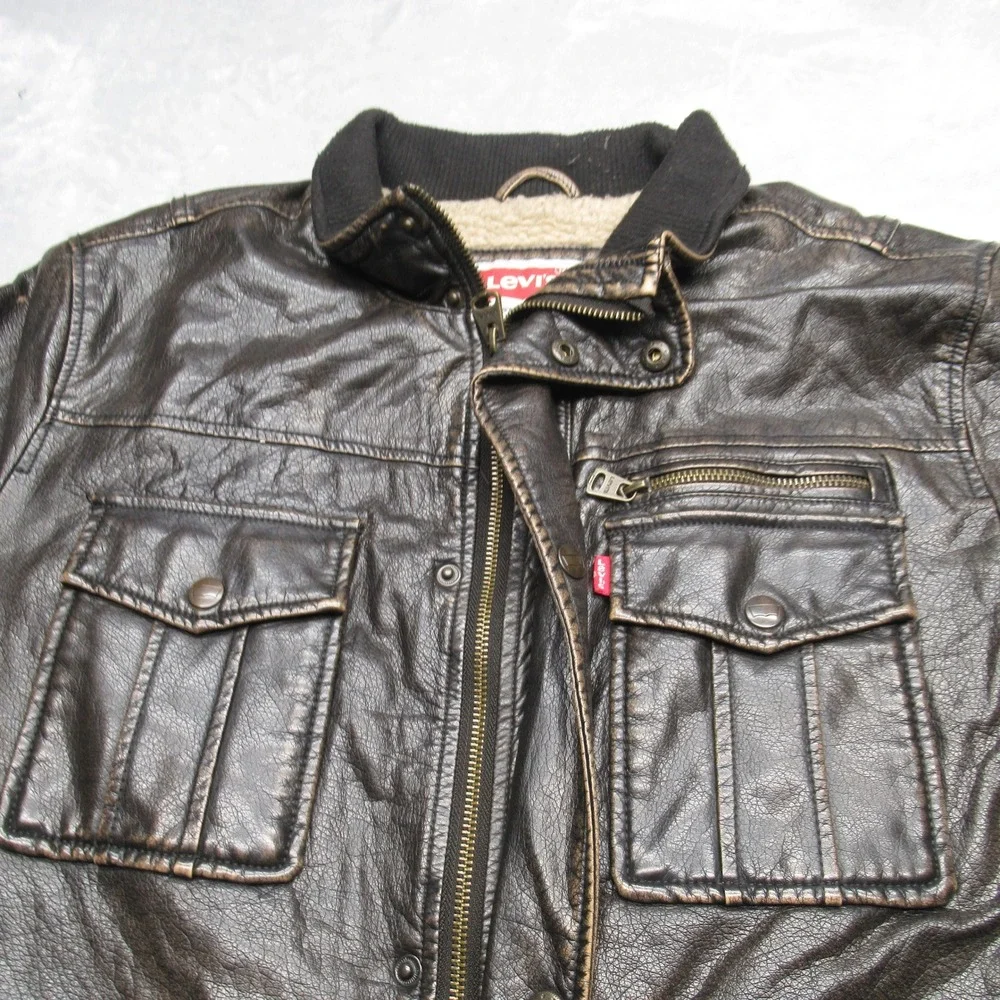 Levis Faux Leather Jacket Mens Large‎ Brown Sherpa Fleece Lined Full Zip Trucker - Picture 11 of 16